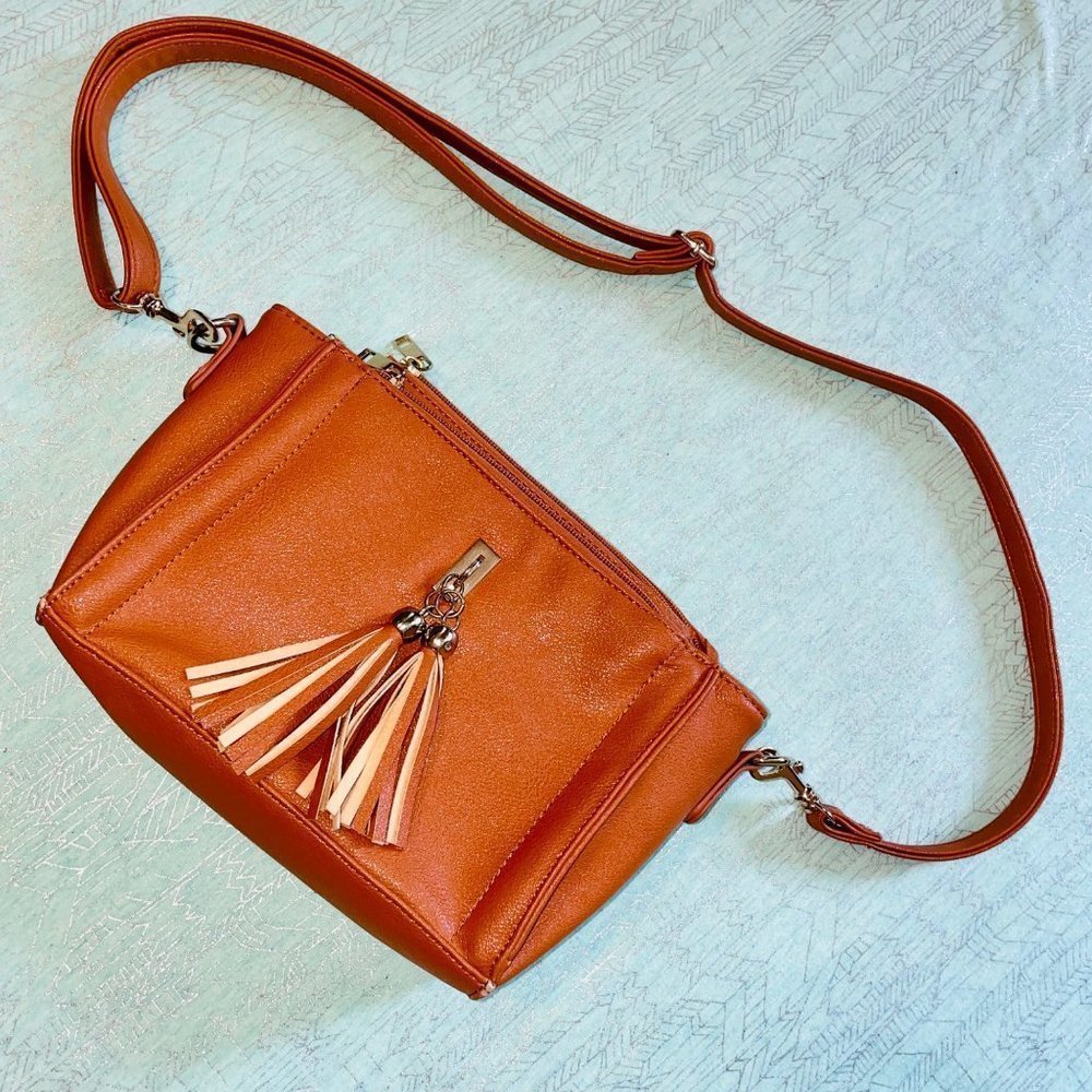 Tan cross-body purse with stylish tassels and many organizing compartments EUC